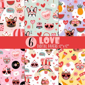 Documenti digitali senza soluzione di continuità di San Valentino, sfondi a forma di cuore, carta digitale Love Dog, modello digitale Love Pet, carta digitale di San Valentino, San Valentino