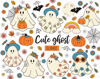Groovy halloween clipart, Retro flower ghost clipart,  Spooky girly png, Cute Ghost svg, Halloween svg, Hippie Flower Ghosts Pumpkins,