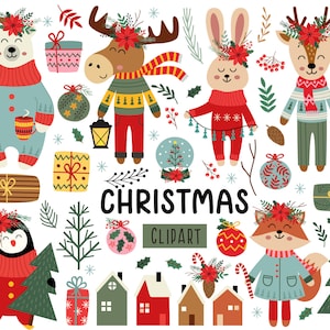 Animais de Natal, clipart de árvore de Natal, clipart de presente de Natal, veado, pinguim, raposa, urso polar, alce, lebre, clipart de brinquedos