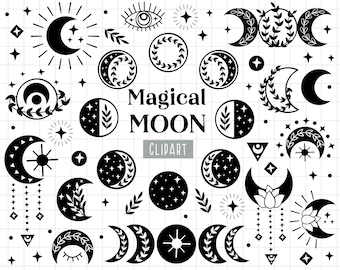 Può includere: Un set di illustrazioni in bianco e nero che mostrano varie fasi lunari, stelle e altri elementi celesti. Il testo "Magical Moon Clipart" è incluso nell'immagine.