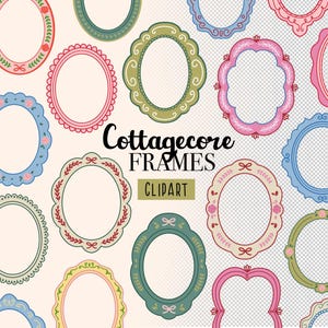 May include: A collection of colorful, oval-shaped frames in various designs. The frames are in shades of pink, blue, green, and yellow, with floral and decorative details. The text "Cottagecore FRAMES CLIPART" is also present.