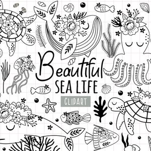 Floral Sea Life Clip art, Animales del océano svg, Imágenes prediseñadas de animales marinos Boho, Boho ballena svg, Pulpo, Medusas svg, Tortuga Marina, Blanco y negro