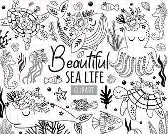May include: Black and white line art clipart of sea life creatures including a whale, octopus, seahorse, jellyfish, and turtles. The text "Beautiful Sea Life Clipart" is included in the image.