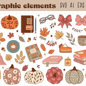May include: A collection of 46 graphic elements with a fall theme. The illustrations include pumpkins, bows, leaves, coffee cups, books, and a slice of pie. The color palette features warm tones of orange, brown, and pink.