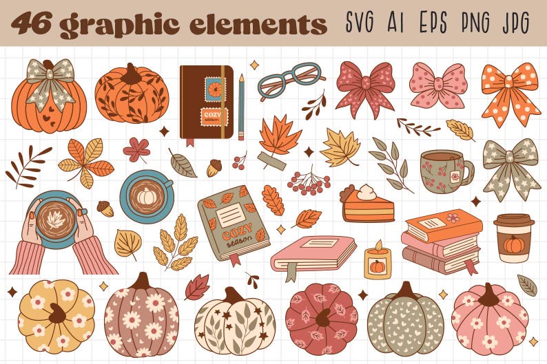 May include: A collection of 46 graphic elements with a fall theme. The illustrations include pumpkins, bows, leaves, coffee cups, books, and a slice of pie. The color palette features warm tones of orange, brown, and pink.
