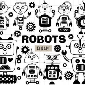 May include: Black and white clip art set of ten robots with various designs. The robots have different shapes, sizes, and features, including antennas, gears, and wheels. The text "ROBOTS" and "CLIPART" is included in the image.