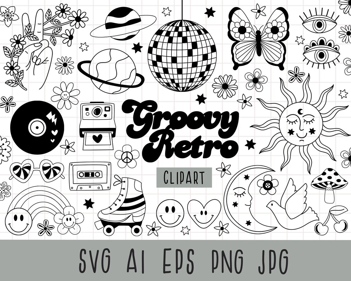 Retro Vibes Digital Clipart Set, Black and White, Groovy Hippie, Retro Flowers, Retro Rainbows