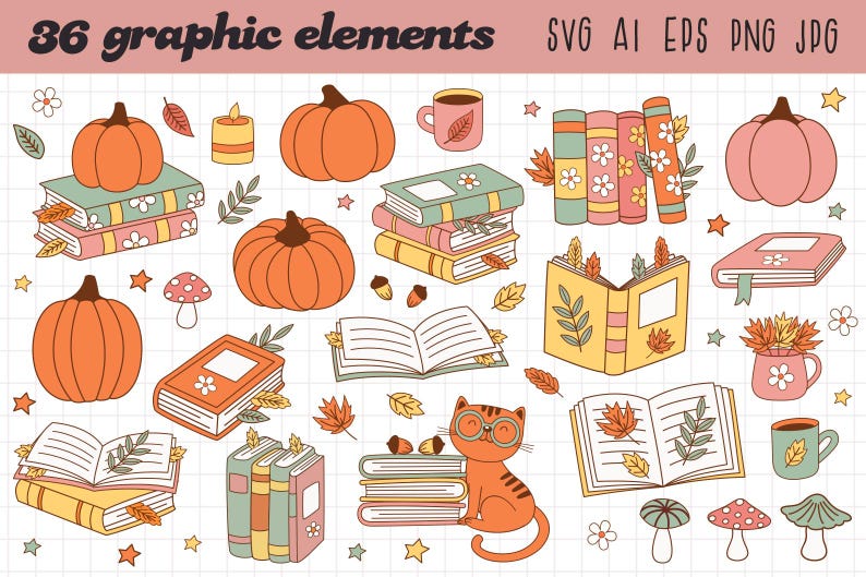 May include: A set of 36 autumn-themed graphic elements, including pumpkins, books, leaves, candles, and a cat. The elements are drawn in a cute, cartoon style with warm colors.