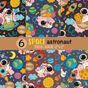 Puede incluir: Seis papeles digitales con temática espacial. Cada papel presenta un patrón repetitivo de astronautas, planetas, cohetes y estrellas en un estilo de dibujos animados colorido. Los papeles miden 30,48 cm x 30,48 cm.