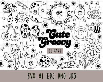Design di personaggi retrò, sole, funghi, margherita, fiori fantastici, clipart hippie, personaggi retrò dei cartoni animati, vintage retrò, bianco e nero