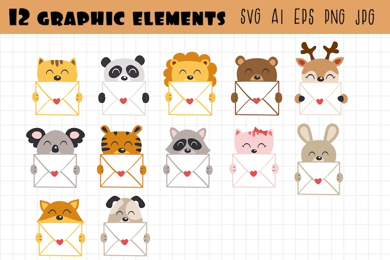 Cute Animals With Envelope Clipart, Envelope Clipart, Valentine Animals ...