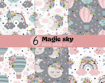 Rainbow digital paper, Seamless pattern set, Baby rainbow paper, Pastel digital paper, Floral Hot Air Balloons pattern, Floral Moon pattern