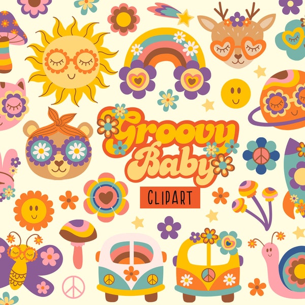 Retro baby clipart, Retro flower power, Boho hippie animals png, Groovy birthday decor, Groovy numbers svg, Boho Hippie Clipart, daisy svg