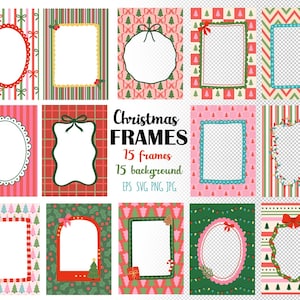 May include: A collection of 15 Christmas frames with various designs and backgrounds. The frames are in different shapes, including oval, rectangular, and rounded, with festive patterns like bows, trees, and stripes. The text "Christmas FRAMES" is displayed.