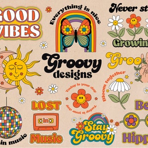 Conjunto de imágenes prediseñadas gráficas retro, Archivos Png de sublimación retro Impresión de camiseta Svg, Diseños Groovy, Hippie svg, Groovy Summer, Conjunto de imágenes prediseñadas de citas retro