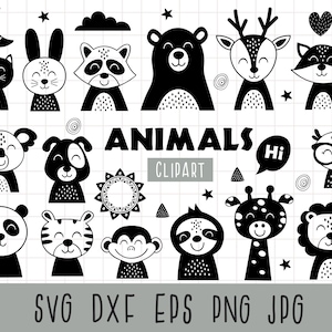 Tiere svg, skandinavische Tiere Clipart-Set, Tiger svg, Katze svg, Bär svg, Hirsch svg, Fuchs svg, Löwe svg, Faultier svg, Panda svg, Zoo svg