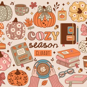 May include: A selection of autumn-themed clipart, including pumpkins, bows, books, coffee, and the text "COZY SEASON CLIPART". The pumpkins are in diverse colours and designs, with leaves and acorns scattered around.