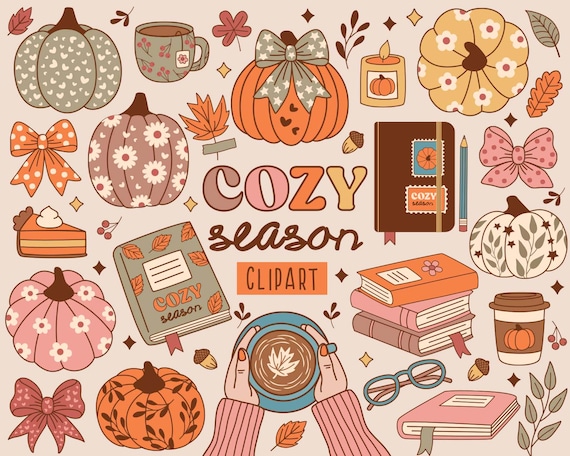 Autumn Clipart, Cozy Fall Clipart, Autumn Leaves, Pumpkins SVG, Book Lovers Clipart, Fall Coffee Drink Png, Books Fall Png, Cute Fall SVG,