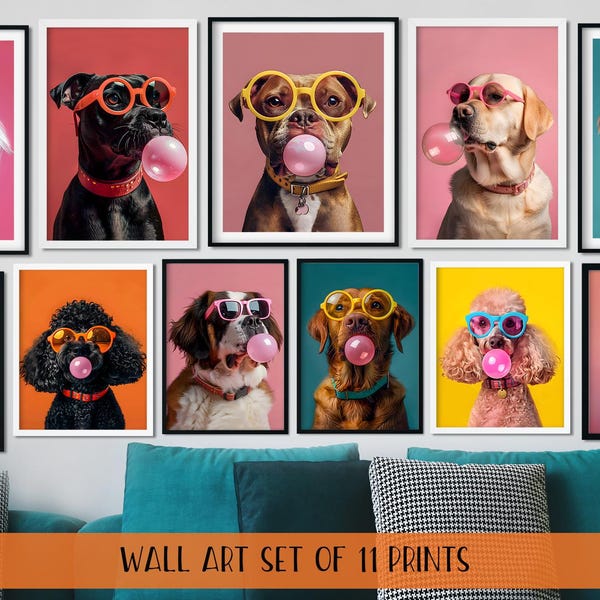 Kleurrijke hond posterset, grappige honden kunst aan de muur, kauwgom huisdieren print, pop-art dier decor, hondenliefhebber cadeau, puppy portret digitale download
