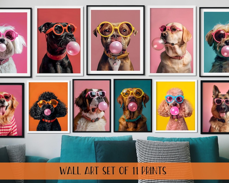 May include: A set of eleven framed wall art prints featuring dogs wearing sunglasses and blowing bubble gum bubbles. The dogs are set against colorful backgrounds, including pink, orange, and yellow. The prints are displayed above a blue couch.