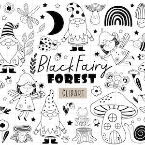 Waldfee Clipart, Pilze Clipart, Gnome Clipart, Pflanzen svg, Insekten Clipart, Blumen Clipart, Regenbogen Clipart, schwarz und weiß