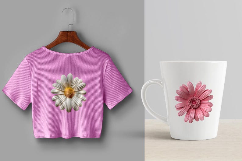 May include: A pink t-shirt with a white daisy print and a white mug with a pink daisy print.