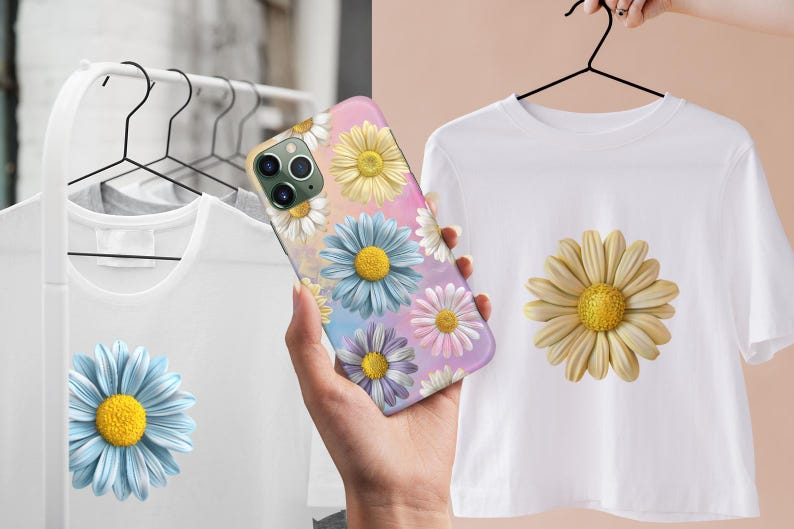 May include: A phone case with a colorful floral design featuring daisies in shades of pink, blue, and yellow. The case has a white background with a subtle watercolor effect.