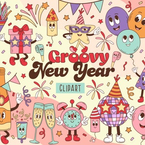 Clipart retrô Groovy de ano novo, personagens engraçados de festa, bola de discoteca png, clipart de ano novo hippie, clipart Silvester, clipart de festa retrô