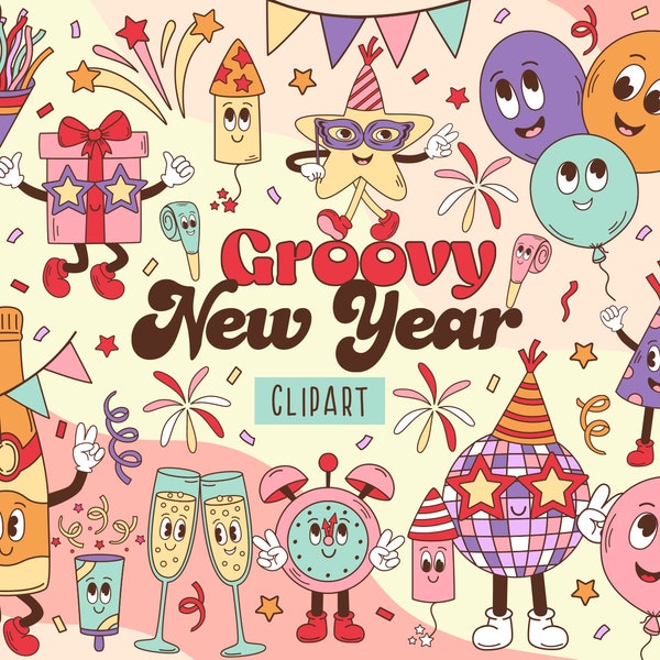 Retro Groovy New Year clipart, Funny party characters, disco ball png, Hippie new year Clipart, Silvester clipart, Retro Party clipart