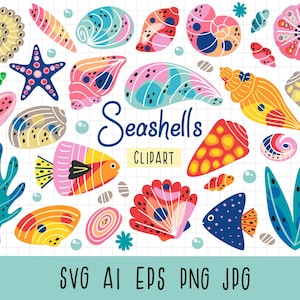 Seashell SVG, Colorful Seashells, Sea Life, Ocean Seashell Clipart, Under the Sea Clipart, Ocean Sea Life PNG, Marine Plants, Seahorse, Fish