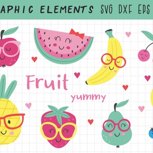 May include: A set of 10 colorful fruit illustrations with cute faces wearing glasses. The fruits include a red apple, a green watermelon, a yellow banana, a red cherry, a yellow pineapple, a red strawberry, a green pear, a yellow lemon, and two blue blueberries. The text "Fruit yummy" is written in pink letters.
