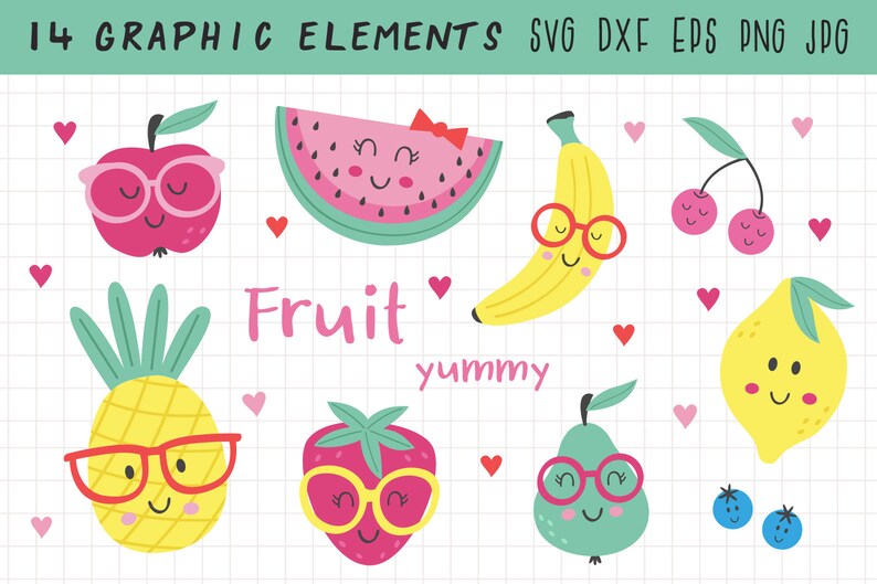 May include: A set of 10 colorful fruit illustrations with cute faces wearing glasses. The fruits include a red apple, a green watermelon, a yellow banana, a red cherry, a yellow pineapple, a red strawberry, a green pear, a yellow lemon, and two blue blueberries. The text "Fruit yummy" is written in pink letters.