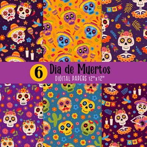 Op de afbeelding: Zes digitale vellen papier met kleurrijke Day of the Dead patronen. De ontwerpen bevatten suikerschedels, sombrero's, bloemen en muziekinstrumenten op verschillende achtergronden, waaronder paars, geel en blauw. Elk papier meet 30.48 cm x 30.48 cm.