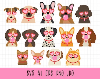 Love dogs clipart, Face dogs svg, Groovy retro dogs clipart, Dog png, Dog Puppy Clipart, Bubble Gum Dogs, Valentine svg, Dog with glasses