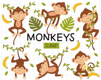 Funny Monkey Svg File, Monkey Clipart, Monkey Png, Baby monkey svg, Monkey Vector, Liana Vector, Leaf Clipart, In action, Commercial Use