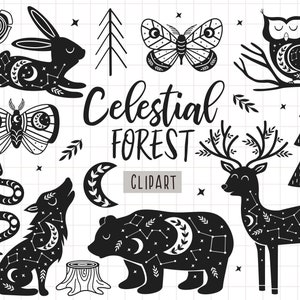 Clipart de animais da floresta, clipart de animais da floresta, clipart de mariposa celestial, borboleta Boho svg, magia svg, lua svg, preto e branco
