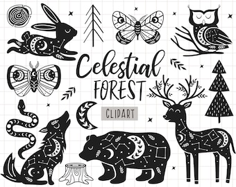 May include: Black and white celestial forest clipart featuring a deer, bear, wolf, rabbit, owl, butterfly, snake, moon, and trees. The design includes constellations and stars.