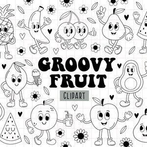 Groovy Retro Cartoon, Retro Summer Clipart, Groovy Characters SVG, Berries Fruits character, Retro Fruit Clipart, Black and white
