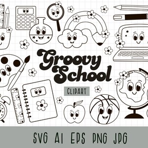 Groovy Schule Clipart, Retro zurück zu Schule, Bildung Clipart, Schulbus, Schulzubehör, Groovy Lehrer PNG, SVG, EPS, schwarz und weiß