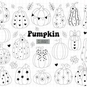 Könnte beinhalten: Eine Sammlung von Schwarz-Weiß-Strichzeichnungen mit verschiedenen Kürbissen, die mit Blumen, Herzen, Sternen, Punkten und Schleifen verziert sind. Der Text "Pumpkin CLIPART" ist in der Mitte des karierten Hintergrunds zentriert.
