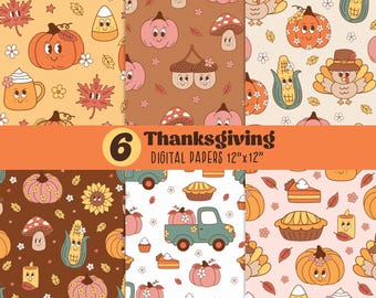 Thanksgiving Digital Paper, Fall Seamless Patterns, Autumn Backgrounds, Thanksgiving Seamless Pattern, Floral pumpkin, Leaves,Groovy, Turkey