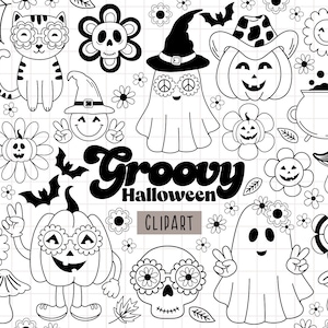 Groovy retro Halloween, Halloween SVG, Groovy Halloween Clipart, Fall Clipart, Ghost Clipart, Pumpkin Clipart, Black and white