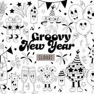 Clipart retrò Groovy di Capodanno, Personaggi divertenti della festa, Bianco e nero, Clipart di Capodanno Hippie, Clipart di Silvester, Clipart Festa retrò