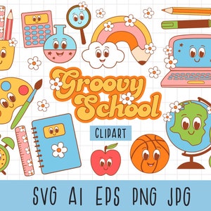 Groovy school clipart, retro terug naar school, onderwijs clipart, schoolbus, schoolbenodigdheden, Groovy leraar PNG, SVG, EPS, onderwijs