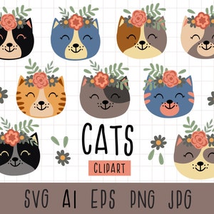 Paquete de gatos SVG, Gato SVG, Gatito SVG, Flores SVG, Archivo SVG de gato lindo, Cabeza de gato, Cara de gato, Gatito SVG, Camiseta SVG, Animales SVG, Uso comercial