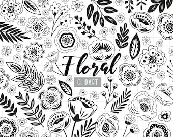 May include: Black and white floral clipart featuring various flower shapes and leaves. The text "Floral Clipart" is included in the design.