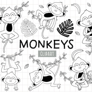 Puede incluir: Clipart en blanco y negro de monos columpiándose de lianas. La imagen incluye la palabra "MONKEYS" y "CLIPART".