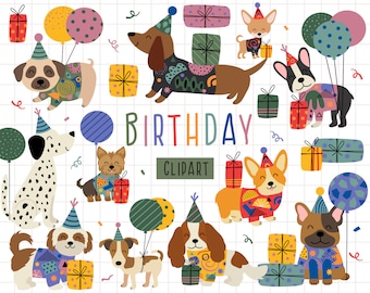 May include: A set of 12 colorful digital clipart images featuring dogs wearing party hats and holding presents. The dogs are in various poses and have different breeds and patterns. The text "BIRTHDAY CLIPART" is in the center of the image.