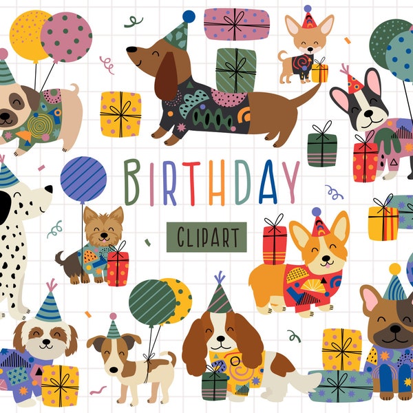 Birthday Dog Breeds Clipart, Dog party clipart, Pets, Bulldog Clip Art, Dalmatian PNG, Beagle PNG, Puppy Clipart, Puppies, Animal clipart