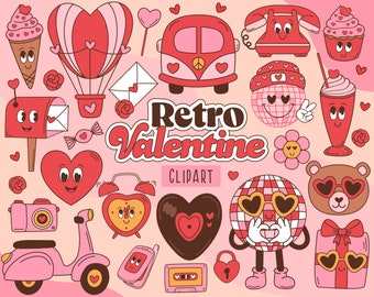 May include: Retro Valentine's Day clipart featuring a variety of cute illustrations, including a hot air balloon, a mailbox, a disco ball, a bear wearing sunglasses, a scooter, a camera, a heart-shaped alarm clock, a cassette tape, a gift box, a phone, a cupcake, a milkshake, and a flower. The text "Retro Valentine" and "Clipart" is also included.